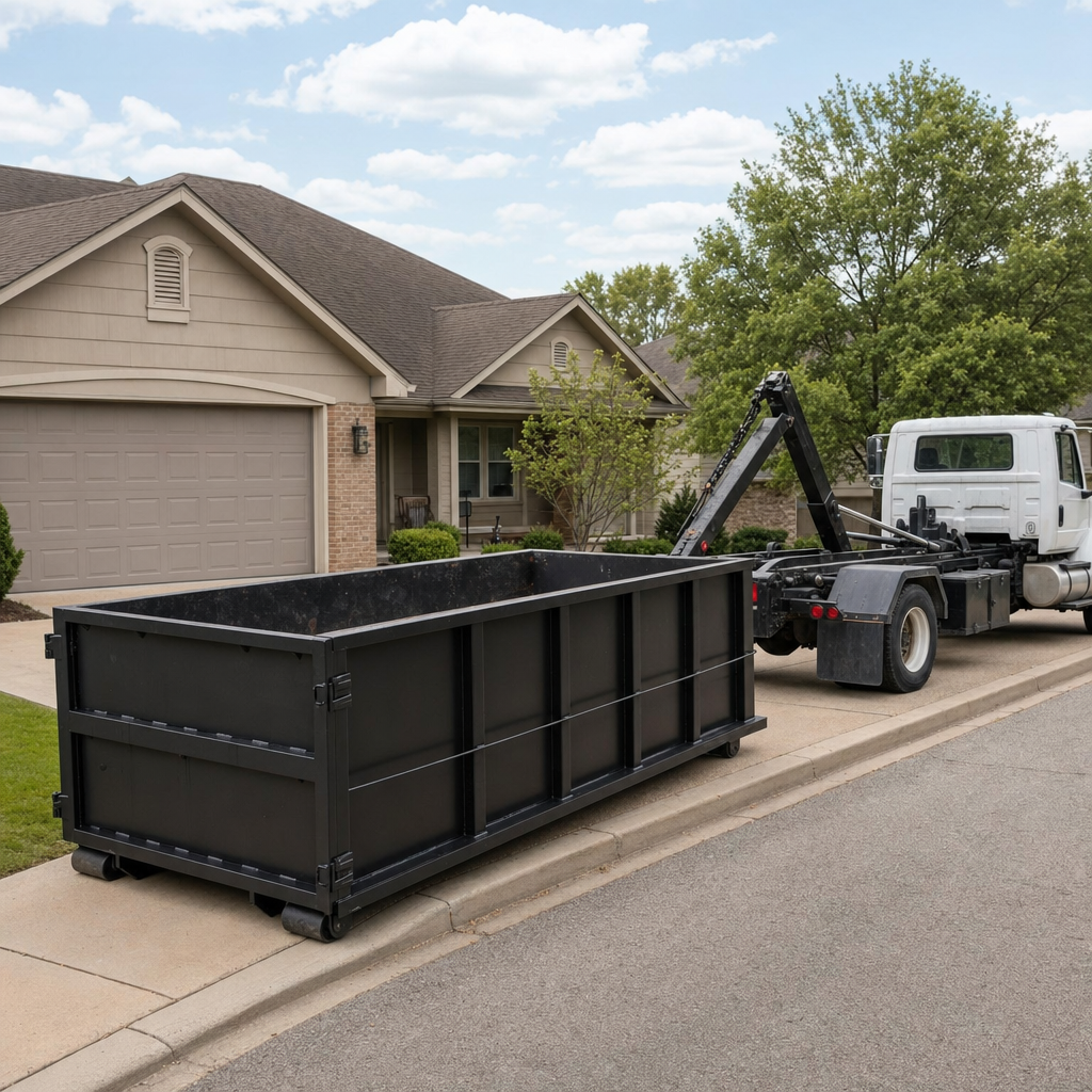 Wide documentary shot of a matte-black roll-off dumpster on a Richmond residential driveway in the foreground and a contractor jobsite container in the soft-focus background, bright daylight, calm and orderly composition.