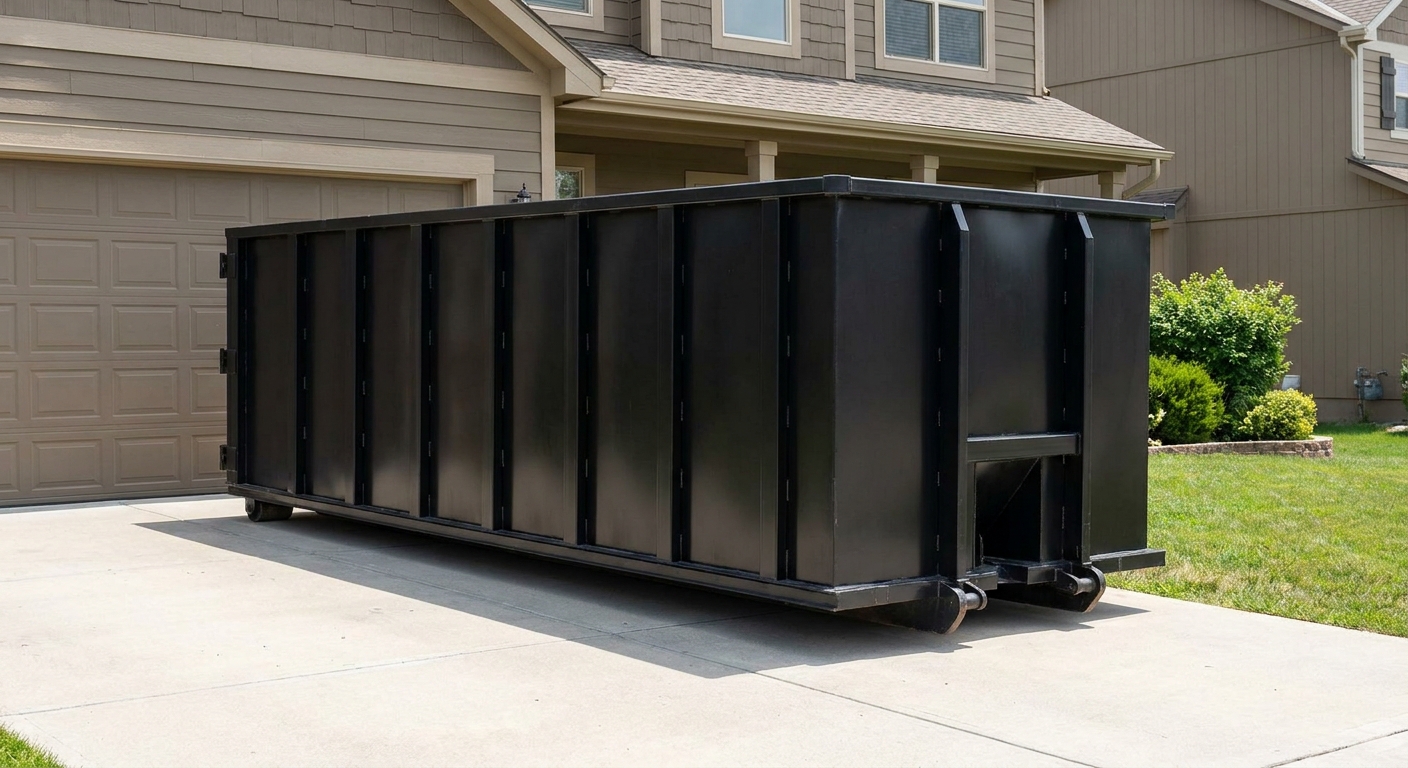Matte-black residential roll-off dumpster sitting directly on a suburban Richmond concrete driveway, garage door closed, single-family home in background, bright morning daylight.