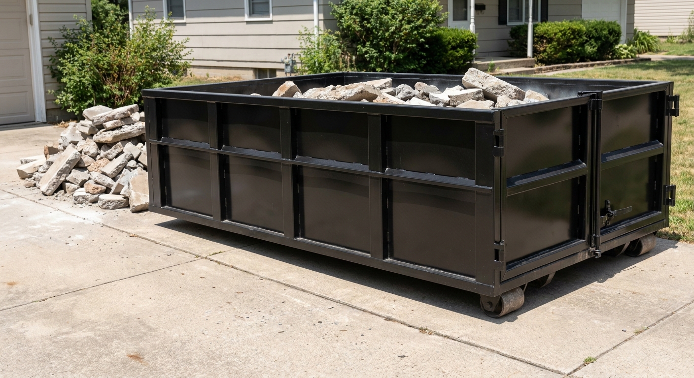 A matte-black low-side heavy-debris roll-off dumpster placed directly on a Richmond concrete driveway, with broken concrete chunks neatly stacked beside it under clean daylight.